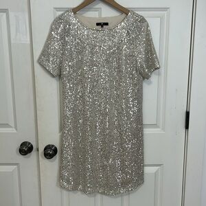 7 For All Mankind sequins mini slip dress size small short sleeve silver cream
